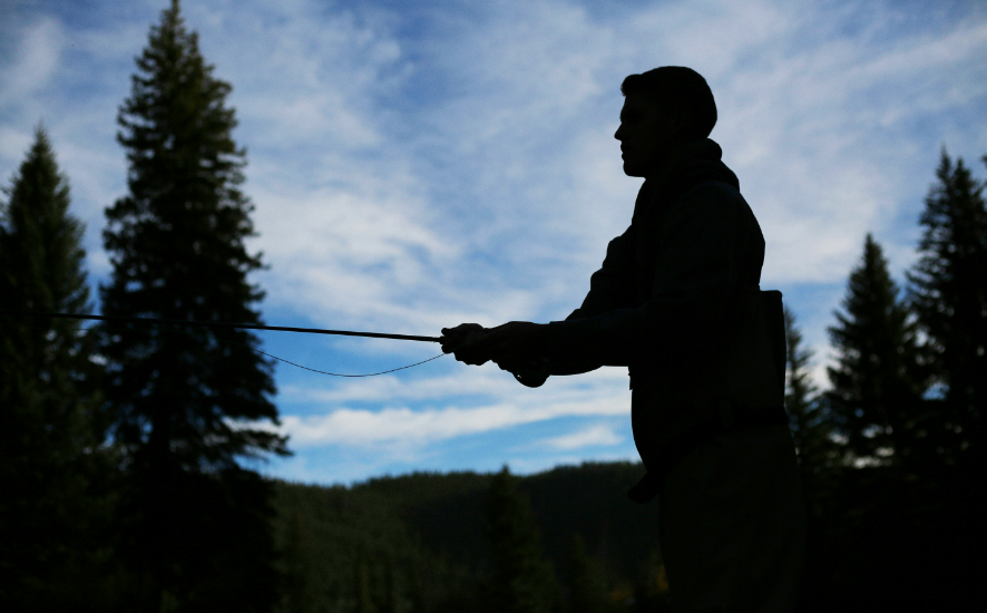 Silhouette of fisherman and trees