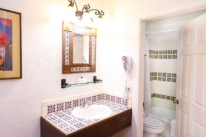 Ensuite sink and vanity, toilet, and tub in standard king