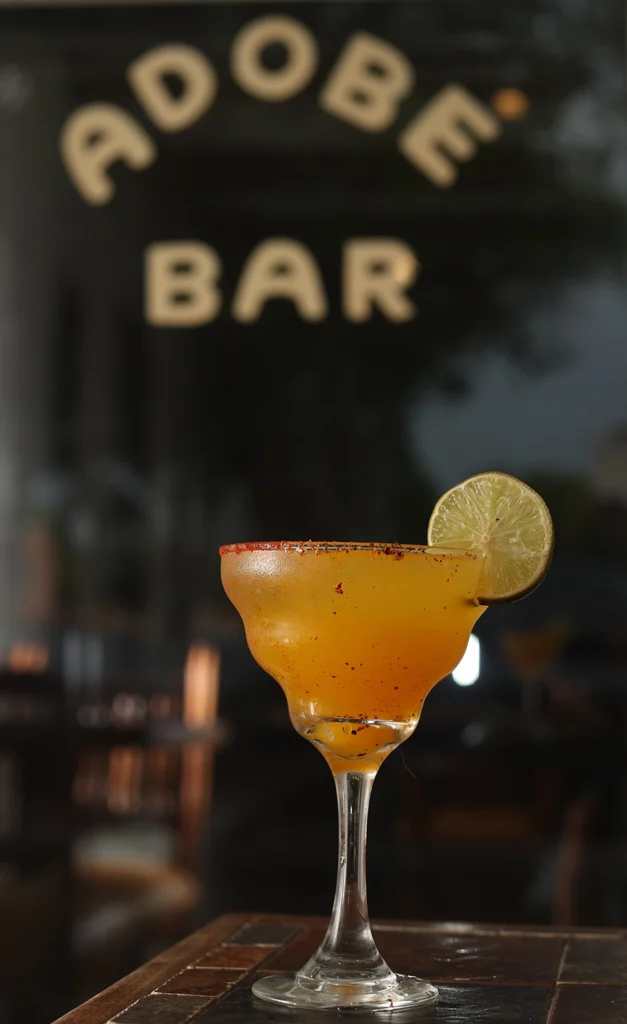 Colorful margarita glass on tile bar with Adobe Bar sign on window in background