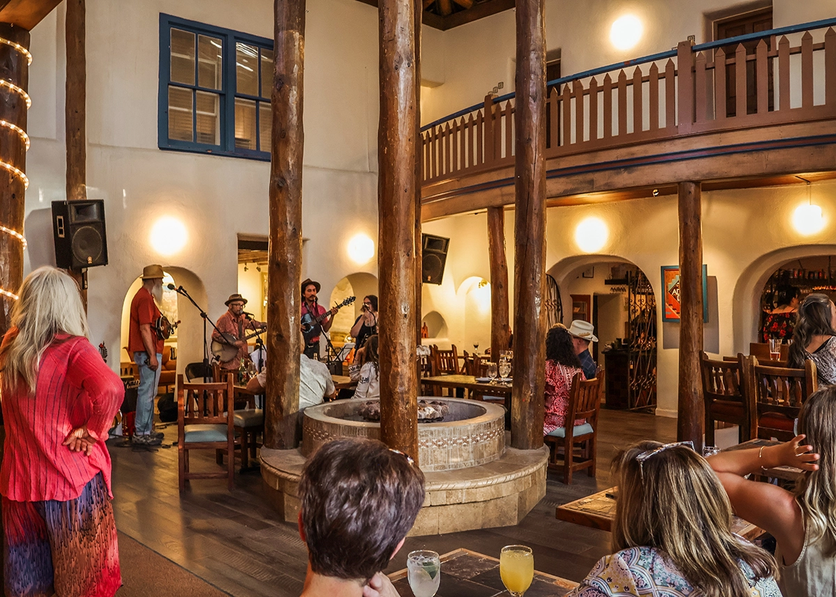 Lobby of Taos Inn with live music performance