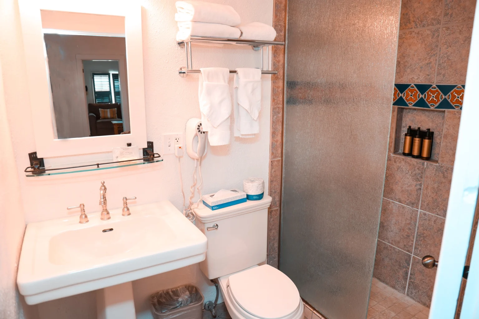 Ensuite sink and vanity, toilet, and shower in king suite