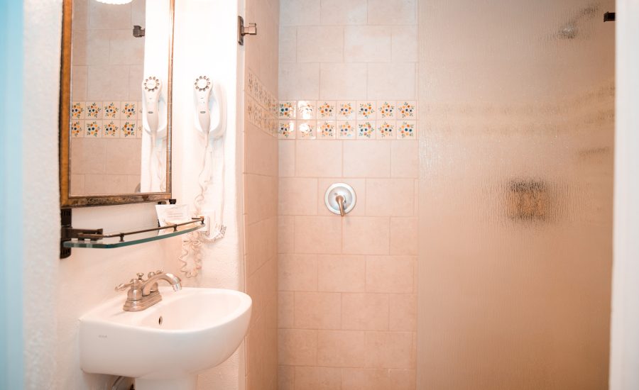 Single full room shower with sink and vanity